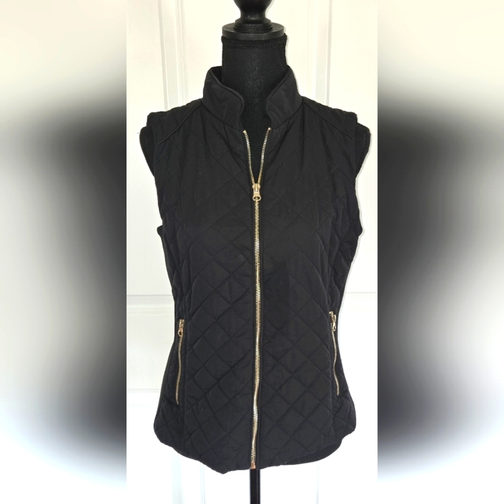 New York & Company Fitted Quilted Black Vest Gold Zipper Sz Sm